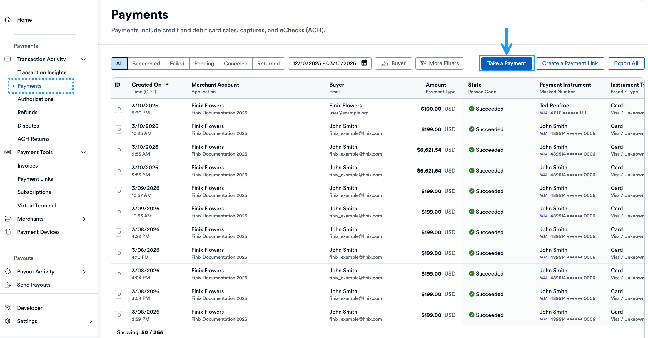 Payments List Page - Take a Payment